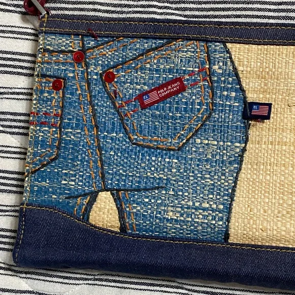 Ralph Lauren Straw & Denim Embroidered Wristlet with Pink and Green Accents - Picture 2 of 6